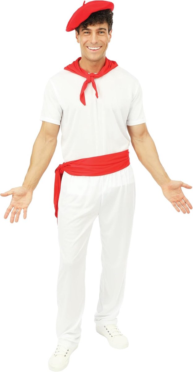 - Feria kostuum voor volwassenen - Baskenbaret, T-shirt, broek, bandana, riem - compleet kostuum voor carnaval, kostuumfeesten en thema-evenementen - Polyester - Wit, Rood
