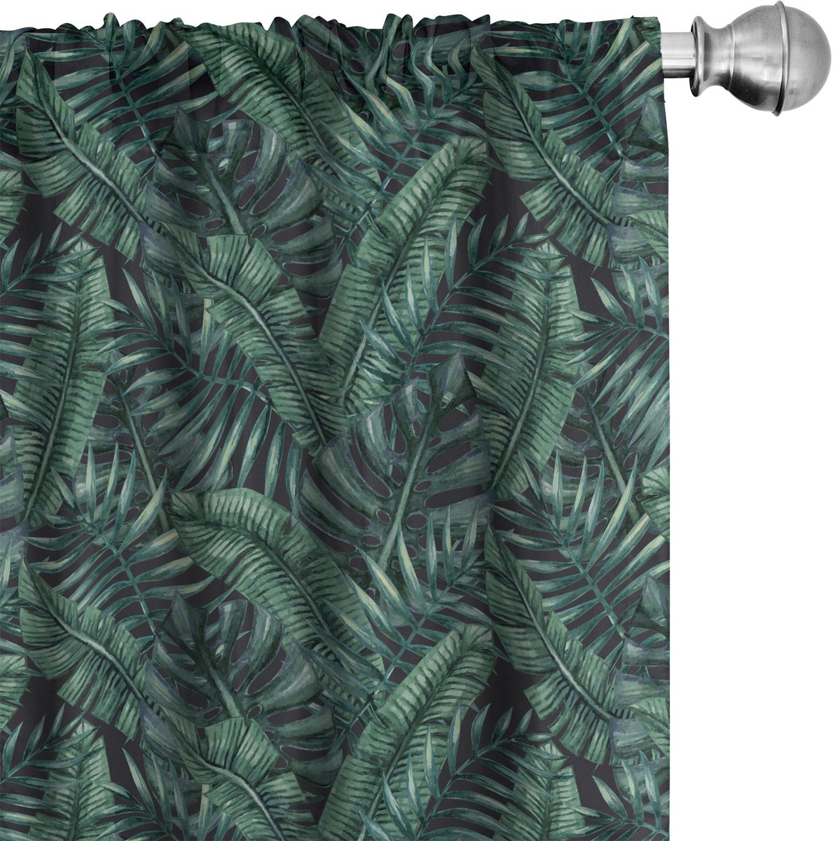 ABAKUHAUS Palmblatt Raamgordijnen, Frischer Hawaï Zomer, Lichtgewicht decoratieve 2-delige set met roedezak, 2 stuks 75 cm B x 175 cm L, Donkergroen Zwart