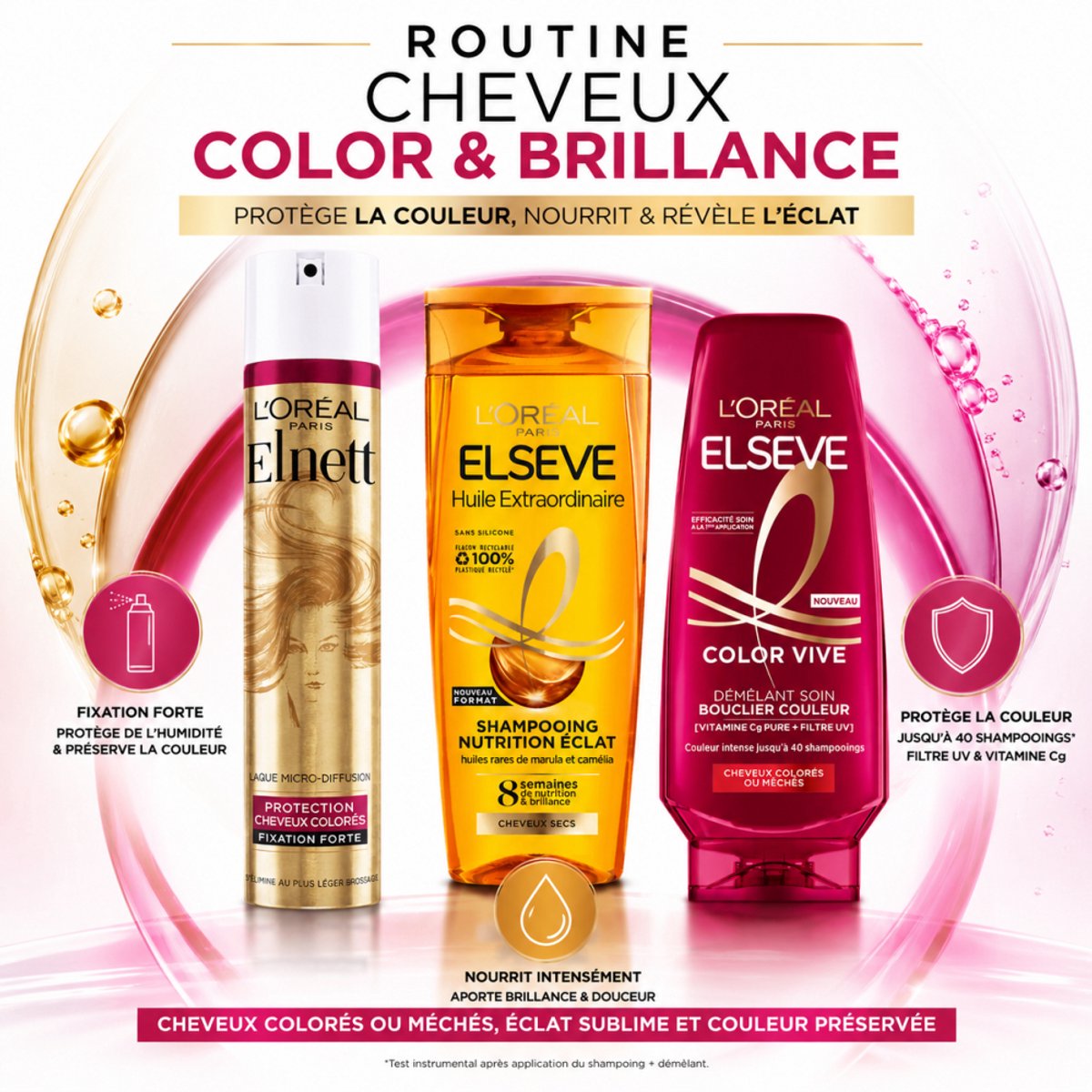 L'Oréal Paris - Haarroutine voor Kleur & Glans – Elnett Haarspray + Color Vive Conditioner + Olie-Shampoo