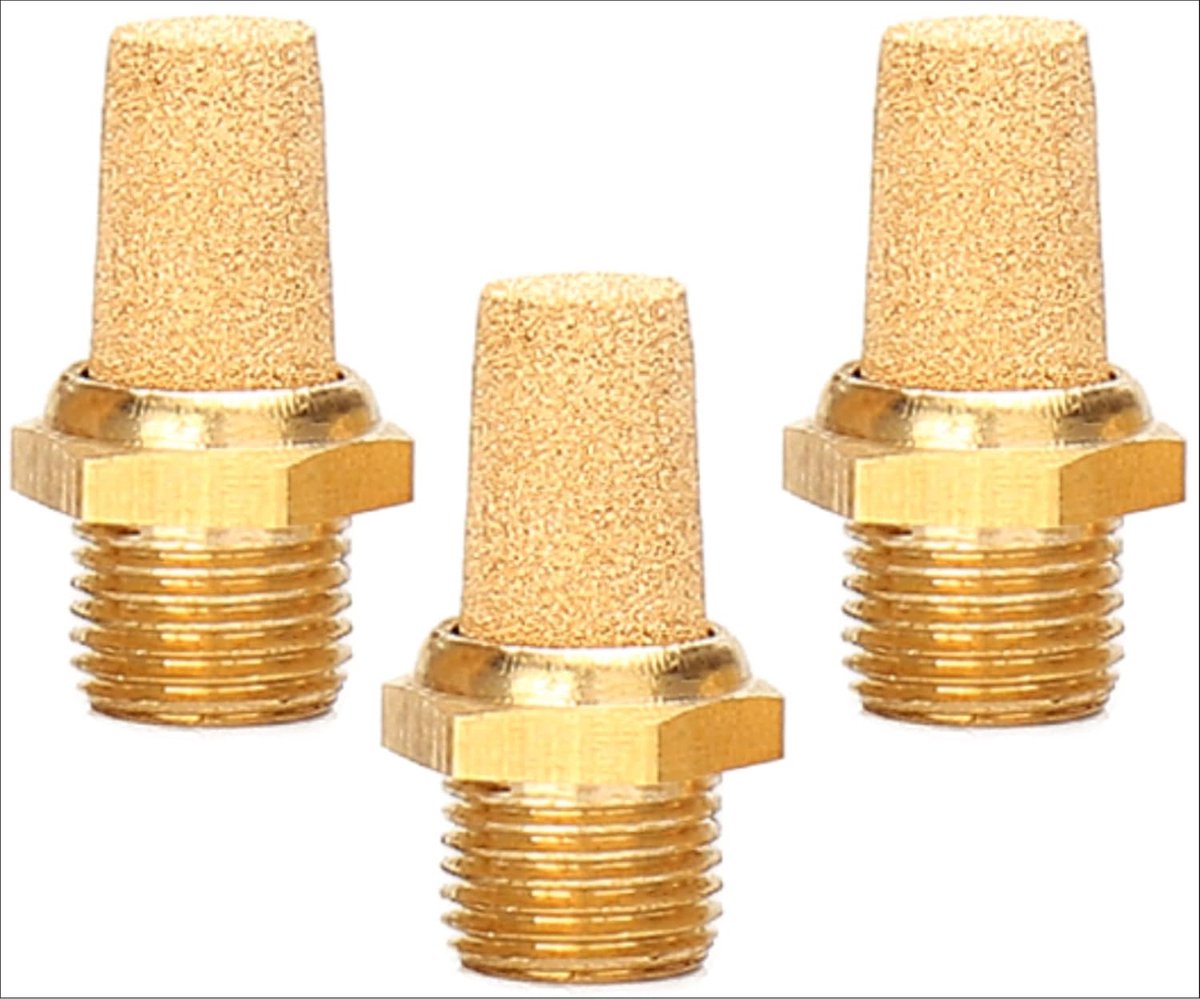 Pneumatische geluiddemper van gesinterd brons, 3/8 inch, set van 3, industriële kwaliteit, pneumatische geluiddemper