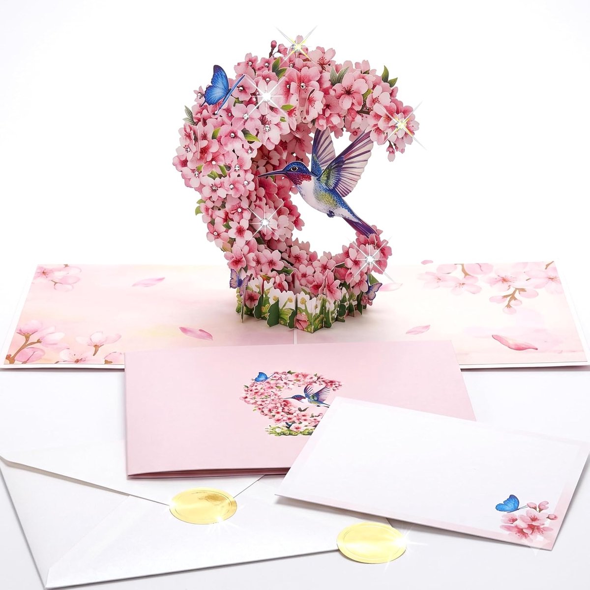 3D-geboortekaart vrouw met kolibrie en kersenbloesemtuin, hoogwaardige wenskaart als cadeau voor vrouwen, verjaardagskaart pop-up met envelop, schrijfkaart en goudzegel