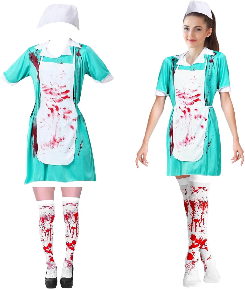Horror verpleegsterkostuum set, 5-delig bloed zombiekostuum dames, Halloween-kostuum dames, arts met schort, kousen, kap vrouwen, Halloween-kostuum dames voor feestjes, carnaval, Halloween