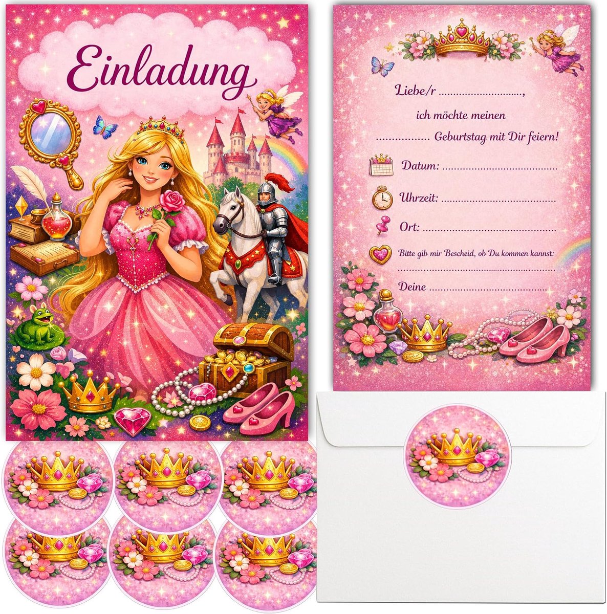 Uitnodigingskaarten voor kinderverjaardag, prinses, meisjes, 8 stuks met enveloppen en stickers, roze verjaardagsuitnodigingen om te vullen, sprookjesfeestdecoratie