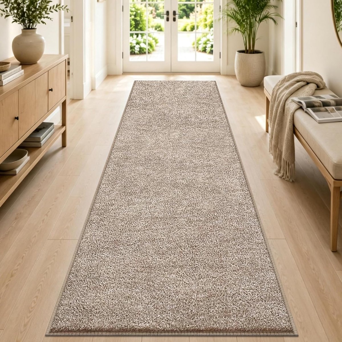 Tapijtloper, voor de gang, 80 x 300 cm, wasbaar, antislip, laagpolig, keukenloper, wollig, zacht, bruin en wit, modern tapijt voor keuken, woonkamer, slaapkamer, hal, entree