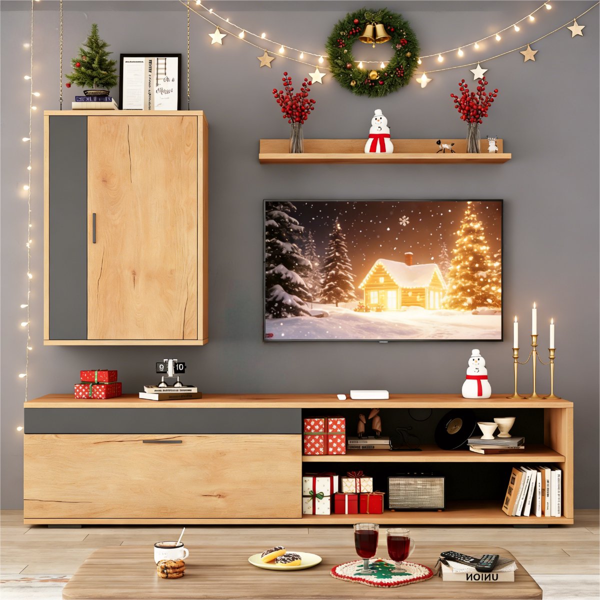 tv meubelset Houtnerf Zwart 3-delig - 140 cm - Staand of hangend - Soft-close scharnieren - Met wandkast en wandplank