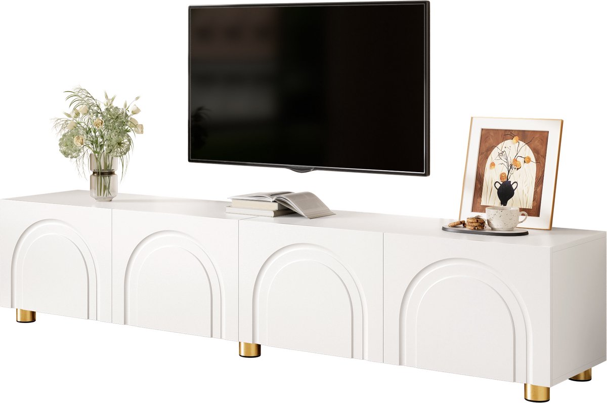tv meubel Wit 180x35x40 cm - 4 Deuren met 3D-Boogreliëf - Ruime Opbergkast voor Woonkamer - Modern Minimalistisch Design - Ronde Metalen Poten - Draagvermogen 60 kg - Duurzaam PB en MDF