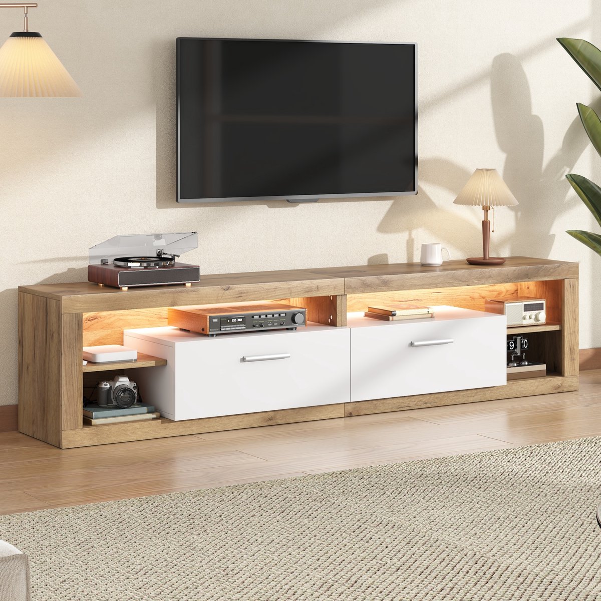 tv meubel Natuur-Wit 180 cm - App-gestuurde LED-verlichting - 2 lades en 4 open vakken - Geschikt voor 75 inch tv