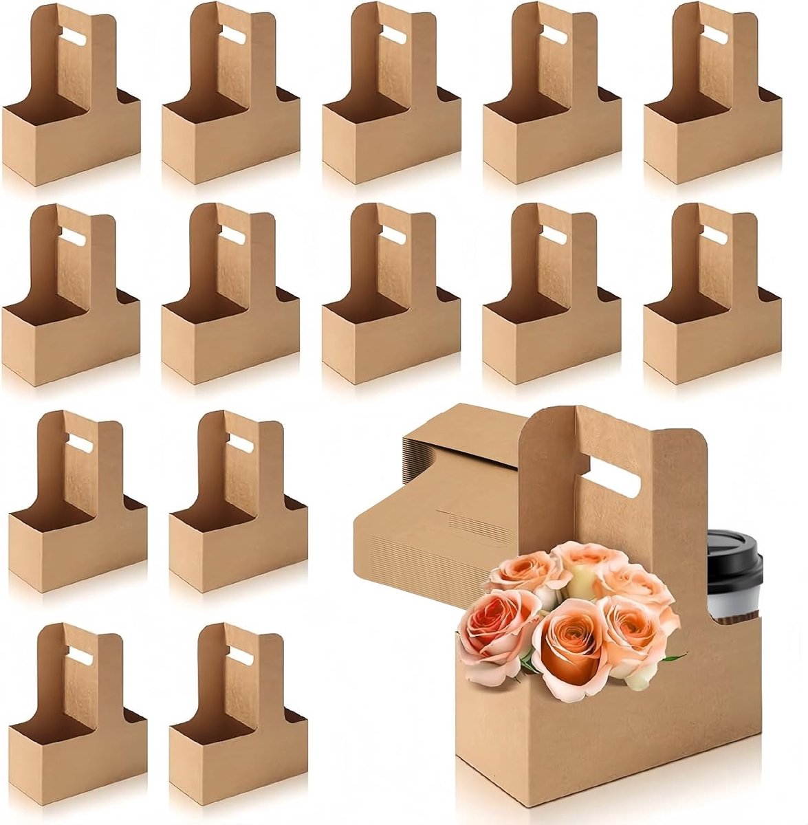 Koffiebekerhouder, kraftpapieren bekerhouder, 2 kopjes, wegwerpkarton, bekerhouder voor levensmiddelen, om uit te nemen, bar, restaurant, café, bruin, 17,5 x 8 x 22,5 cm, 15 stuks