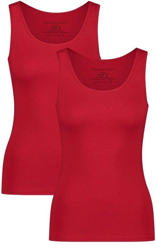 Set van twee felrode Bamboo Basics Anna mouwloze tops met labelinformatie in de nek.