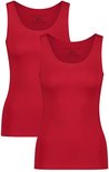 Set van twee felrode Bamboo Basics Anna mouwloze tops met labelinformatie in de nek.