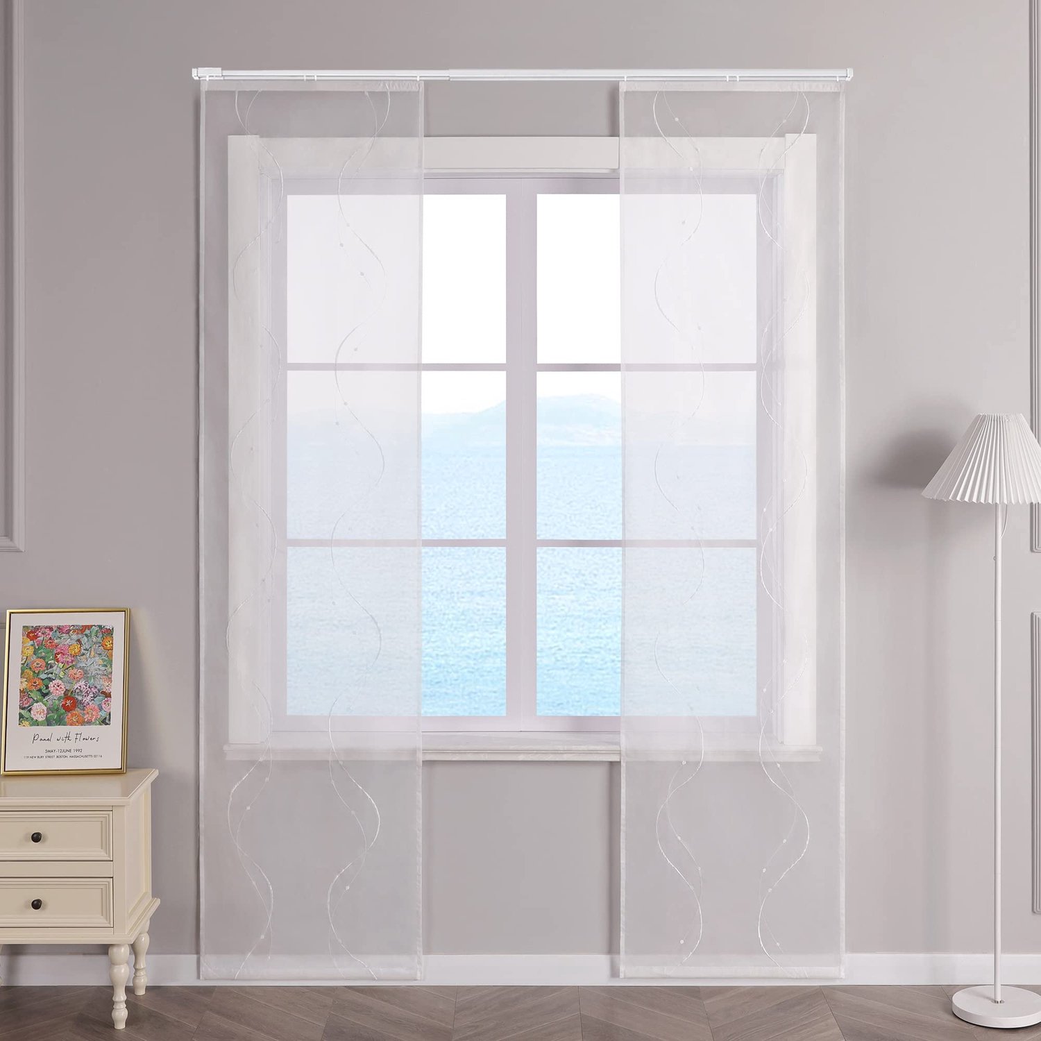 Schuifgordijnen - Set van 2 stuks - Transparant met borduursel en klittenband - Voor woonkamer - Wit - 57x225 cm per stuk