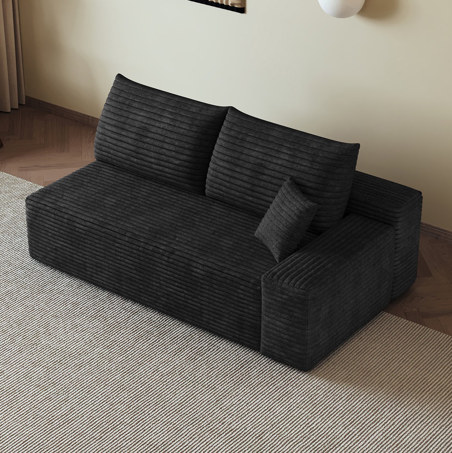 Wishdor Hoekbank 2-zits met rechter chaise longue - Zonder montage - Zachte corduroy bekleding - Lage zitbank voor woonkamer appartement slaapkamer - Stof - Zwart - 175 x 95 x 83 cm