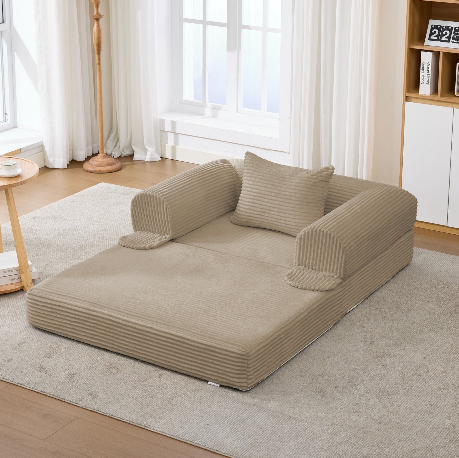 Wishdor Slaapfauteuil 1-zits - Handmatig om te vormen tot eenpersoonsbed - Corduroy bekleding met kussen - Ruimtebesparend voor woonkamer slaapkamer werkkamer - Bruin - 120 x 85 x 65 cm
