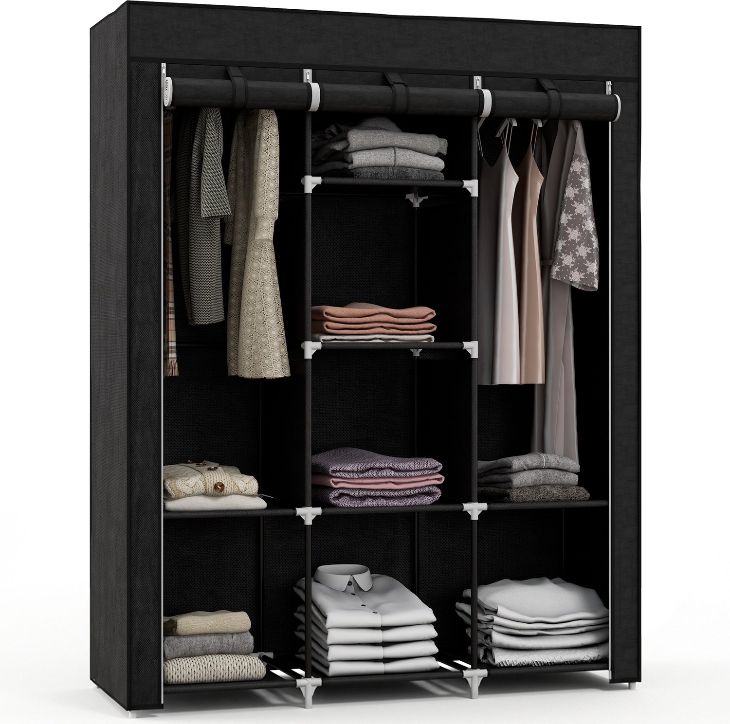 sogiol Stoffen Kledingkast - 8 Planken & 2 Roedes - 125x43x162,5 cm - Zwart