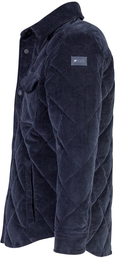 Zijaanzicht van donkerblauw gewatteerd corduroy jack met N.Z.A. New Zealand Auckland badge op de mouw.