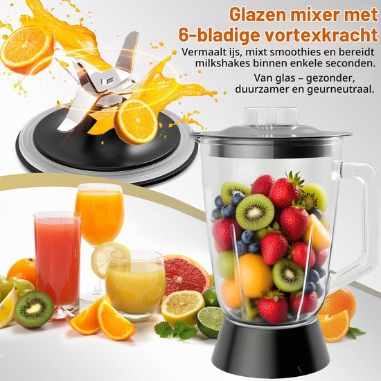 1500 W keukenmachine en mixercombinatie, 2,5 l hakmolen voor vlees, groenten en deeg, 2 liter blender met glazen reservoir, 2 snelheden en pulsfunctie voor smoothies, sap enz. — afbeelding 4