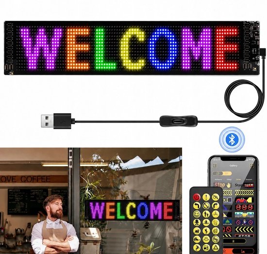 Led-display, smartphone-app, afstandsbediening en een barista in een koffiezaak met WELCOME-tekst.