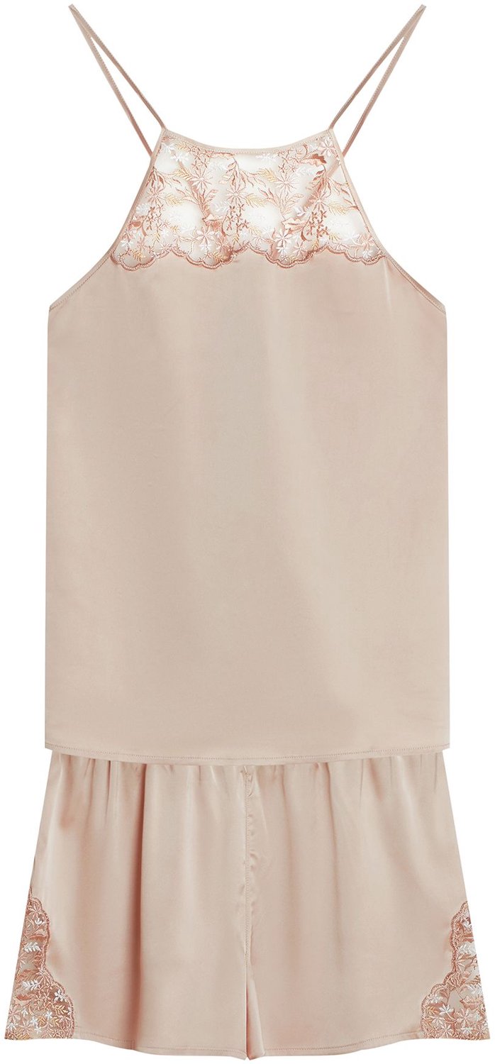 ESOTIQ Ivory - Damespyjama - Beige - Geborduurd mesh - Satijnen afwerking