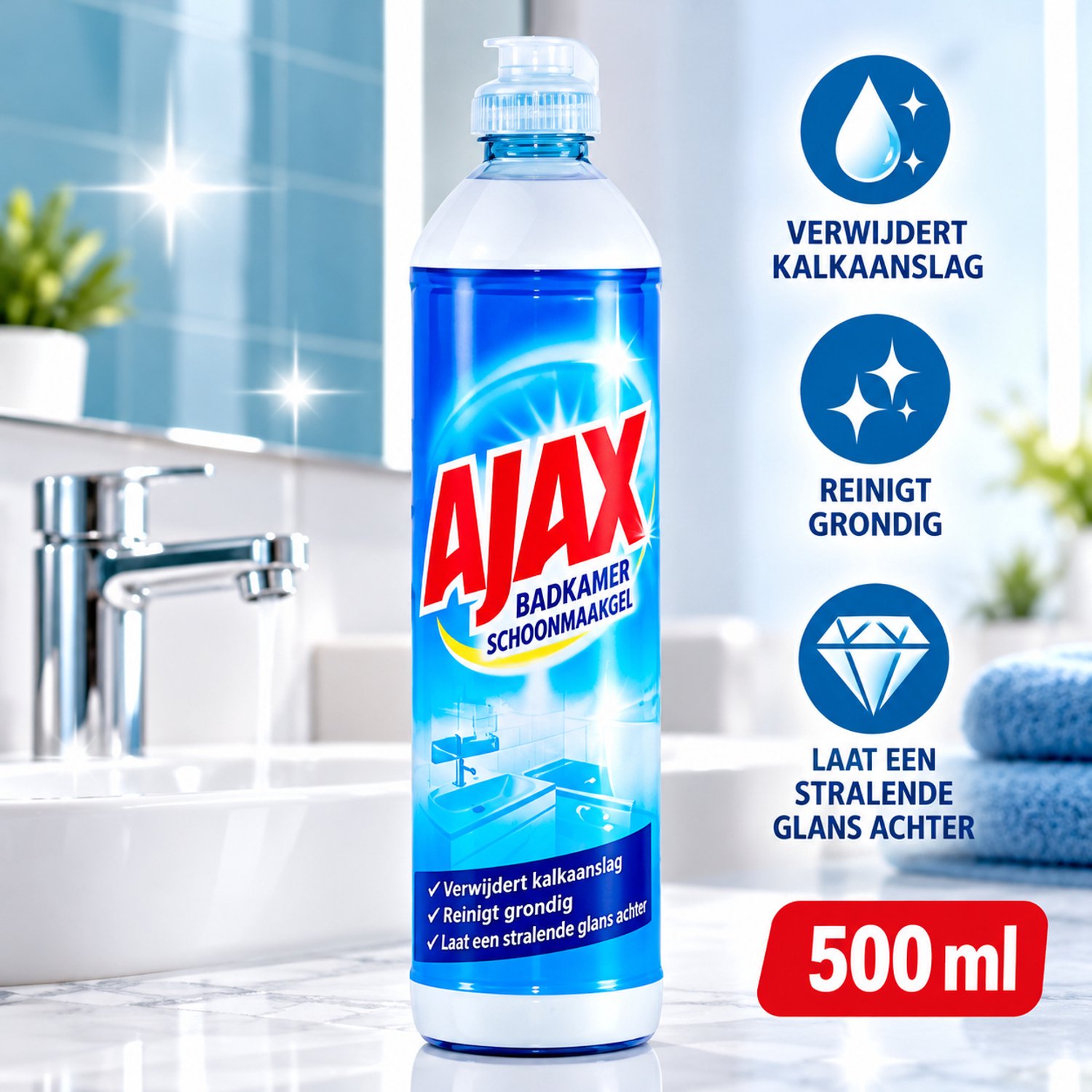 Ajax Badkamerreiniger Gel 500 ml – Krachtige Badkamerreiniger – Tegen Kalkaanslag en Zeepresten – Voor Badkamer, Wastafel en Tegels