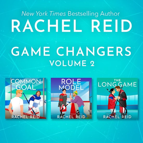 Boekomslag van Rachel Reids Game Changers, deel 2, met illustraties van ijshockeyspelers op een blauwe achtergrond.