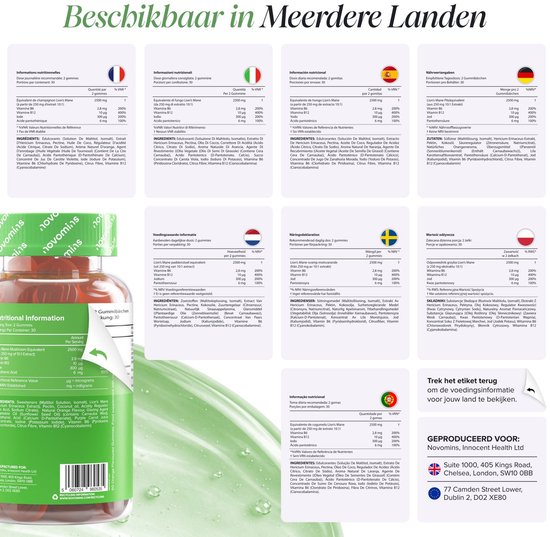 Overzicht van voedingswaarden voor Lion's Mane gummies in verschillende talen met productinformatie en adressen.