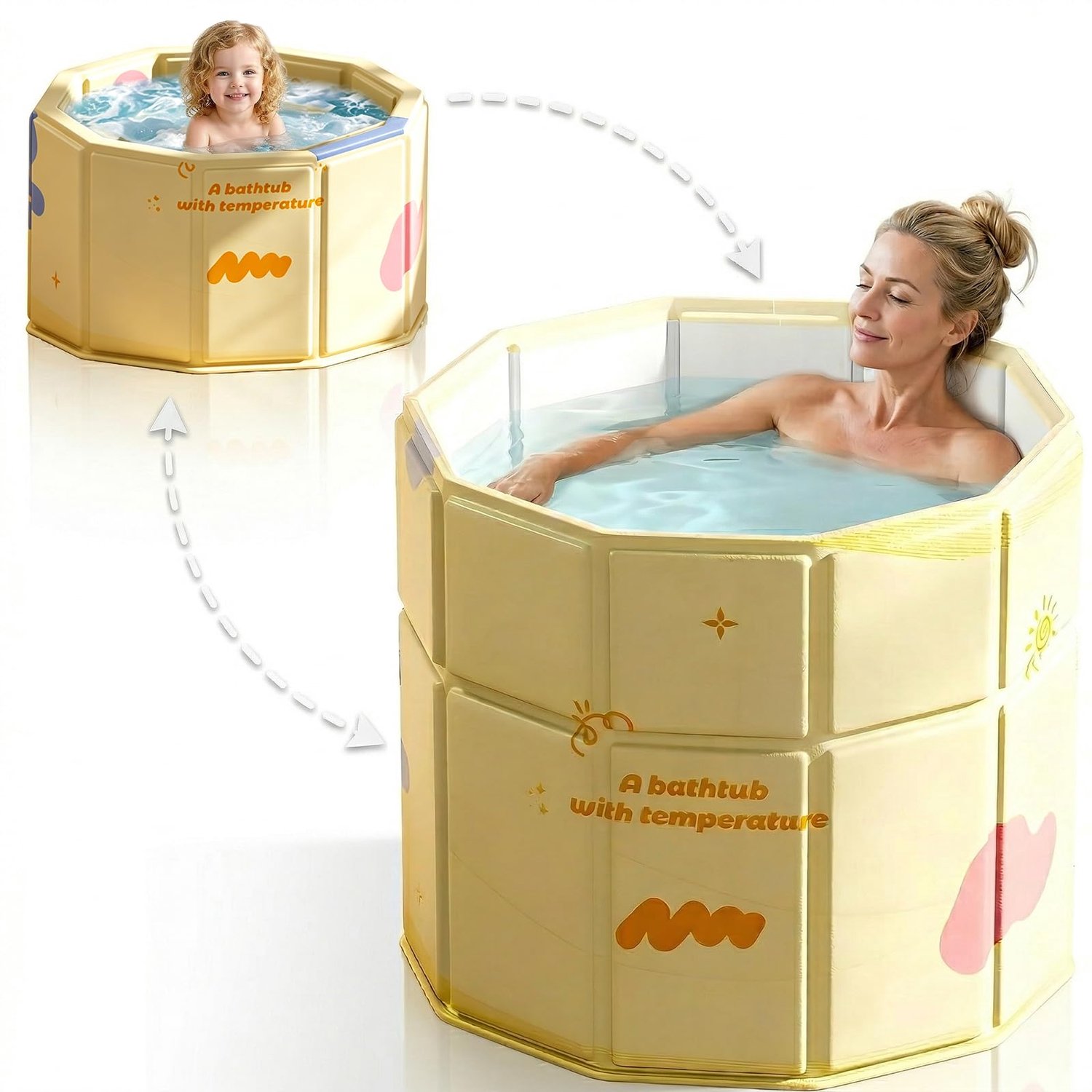 Opvouwbaar Bad voor Volwassenen - 70cm Draagbaar Zitbad met Lage Instap - Past in de Douche - Voor Ijsbad & Warm Bad - Senioren en Kinderen - Ruimtebesparend (Geel, 70x65 cm)
