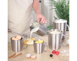 RVS maatbeker 1000 ml - 304 RVS, maatverdeling ml, oz en cups - zilver
