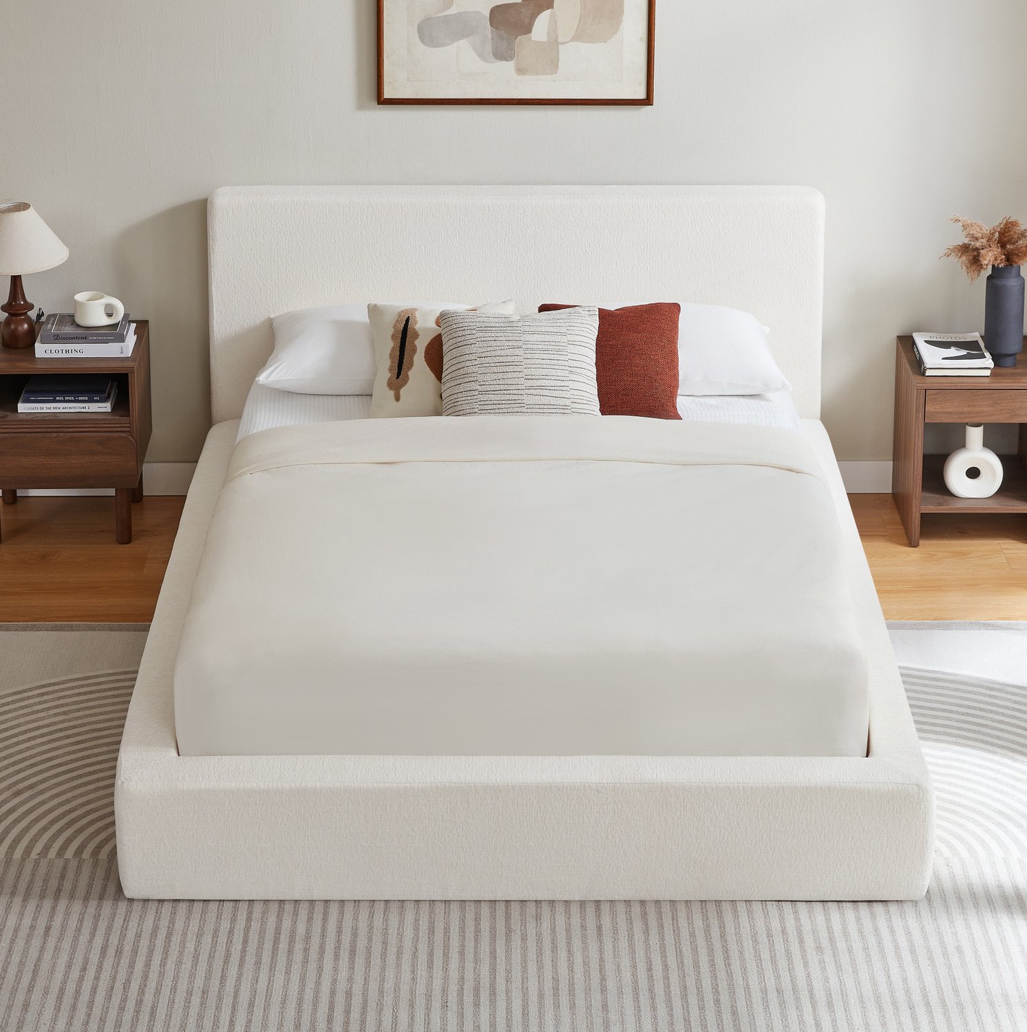 COVREO Bedframe met hoofdbord – 140x200 cm – Tweepersoonsbed met stalen frame – met lattenbodem – Crèmewit - zonder matras