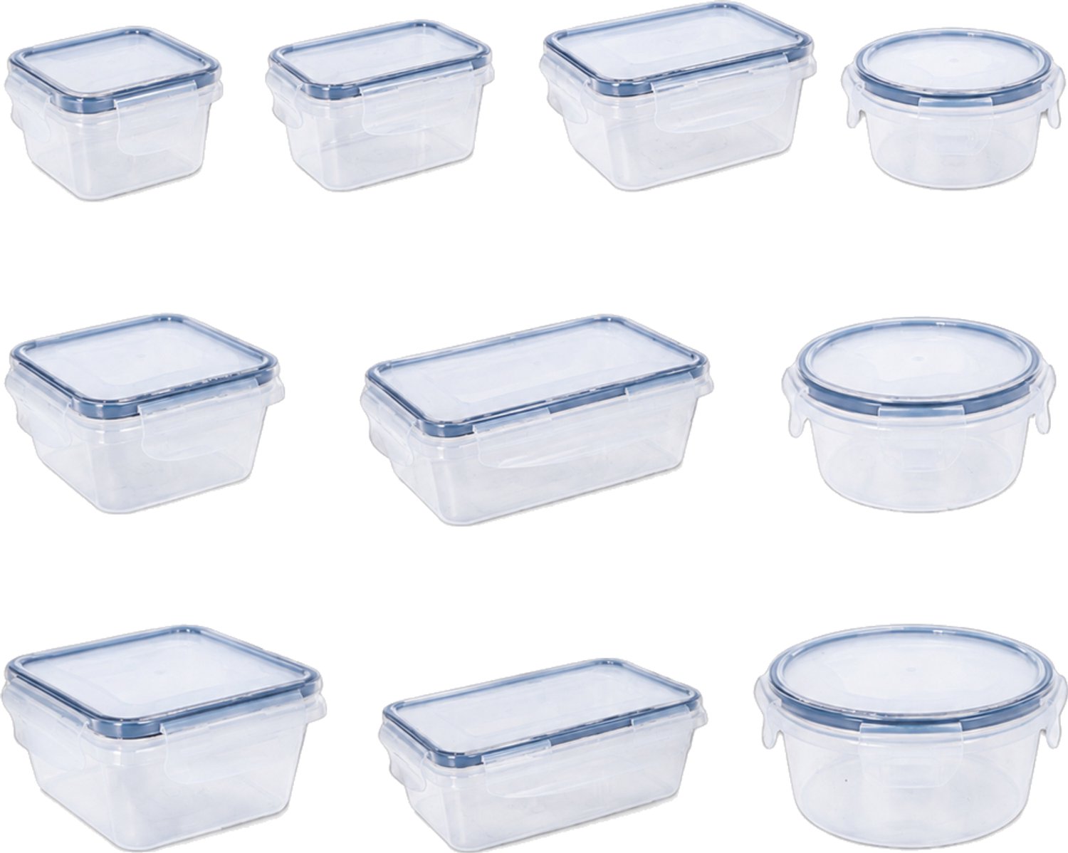 Broodtrommelset met 34 PP-bewaarbakjes en deksels, rond en rechthoekig, 60–1000 ml