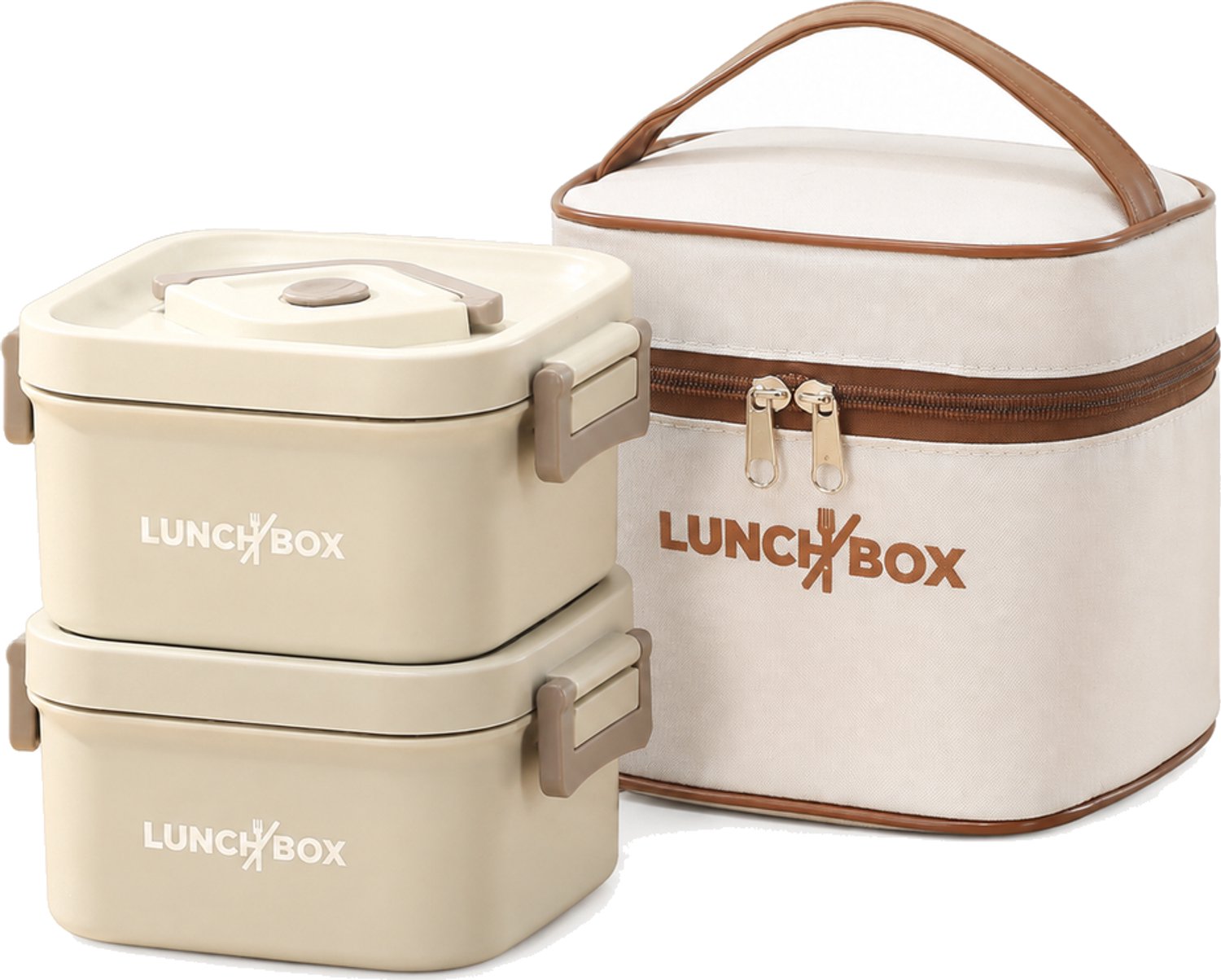Broodtrommelset met 2 vierkante lunchboxen met binnenbakken van 304 roestvrij staal en een beige draagtas