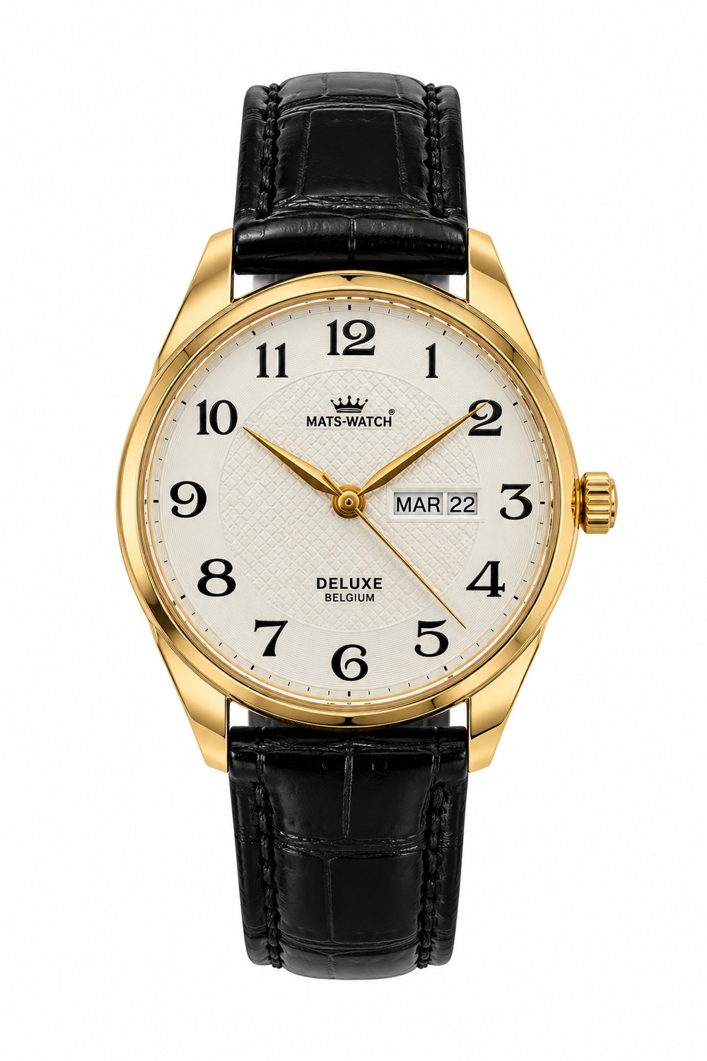 Mats-Watch - Klassiek Herenhorloge - Goudkleurige Horlogekast - Zwarte Leren Horlogeband - Quartz - Waterdicht