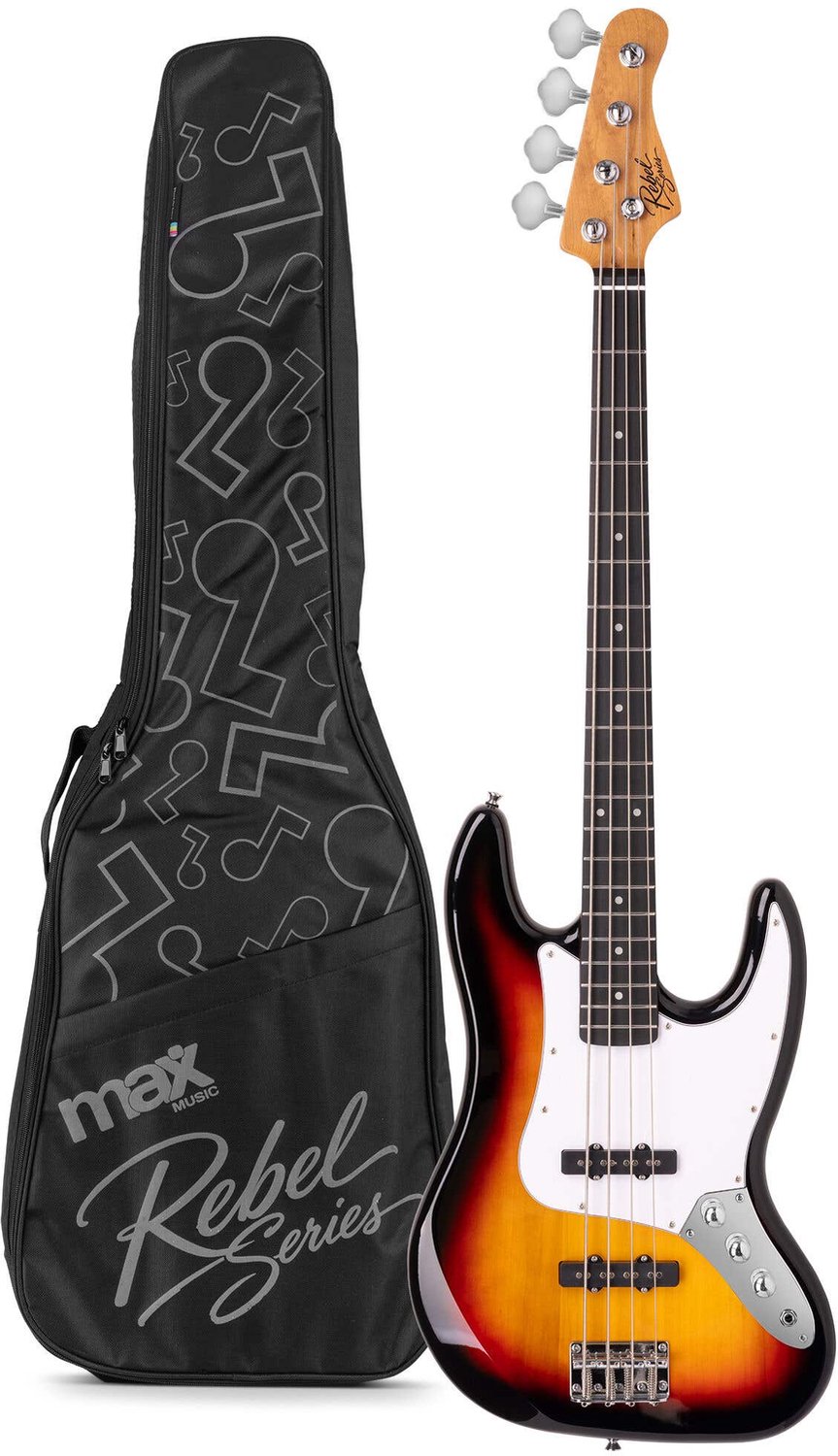 Basgitaar - MAX Rebel JB - Met online muziekcursus - Roasted maple hals met 20 frets - Incl. gitaartas - Sunburst