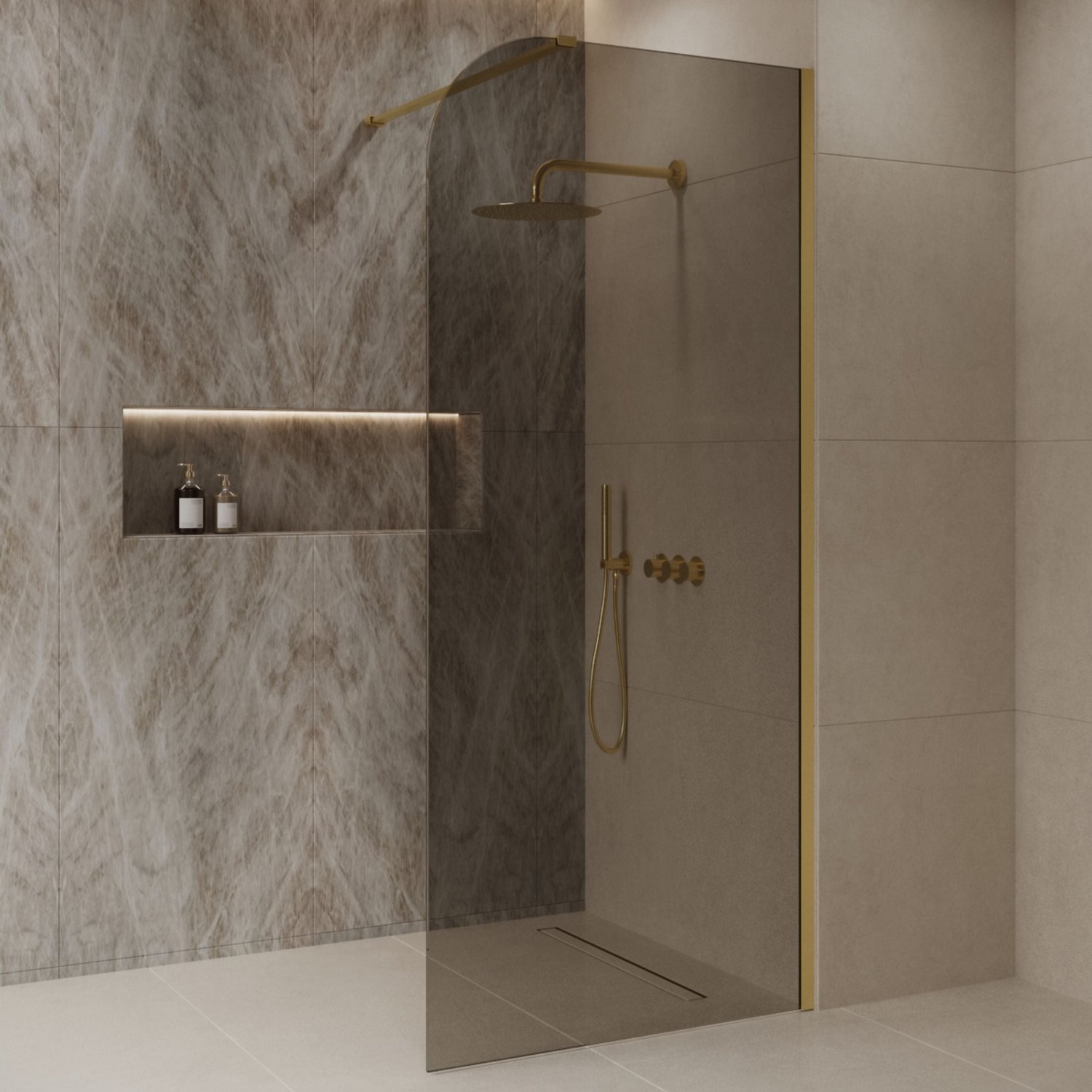 Sanitado Dalis Curve Inloopdouche Rookglas Mat Goud Profielen 90x200 cm