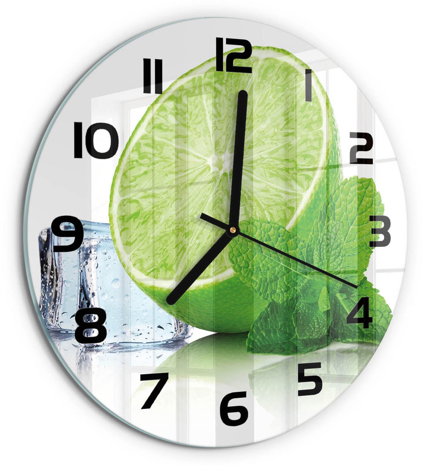 TULUP Wandklok - Limoen met ijs Glazen Klok Met Print - fi30 cm - Groente Wandklok Glas Met Motief - Zwarte handen - Ronde Klok - Wandklok Glas Decoratie - Gekleurde Glazen Klok
