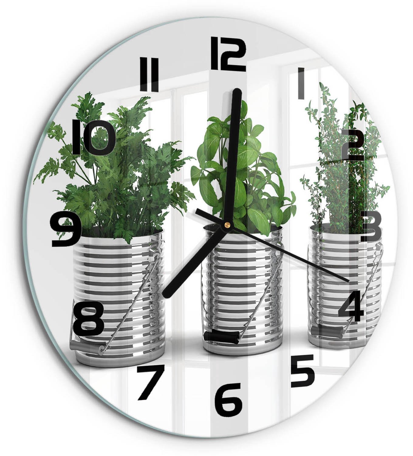 TULUP Wandklok - Aromatische planten Klok Glas Met Opdruk - fi30 cm - Groente Moderne Wandklok Glas - Zwarte handen - Ronde Klok - Decoratieve Glazen Klok - Glazen Wandklok Design