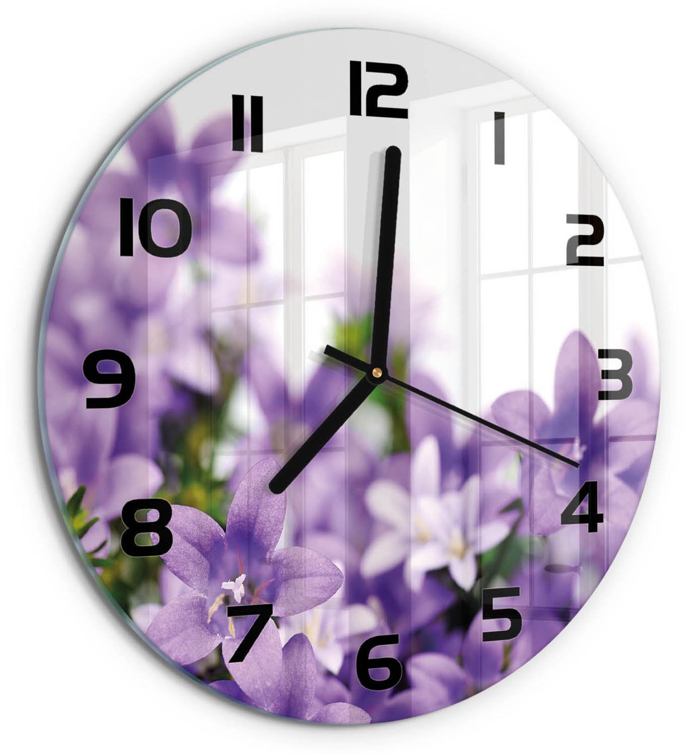 TULUP Wandklok - Paarse klokjes Gekleurde Glazen Klok - fi30 cm - Paars Glazen Klok Met Print - Zwarte handen - Ronde Klok - Moderne Wandklok Glas - Wandklok Glas Decoratie