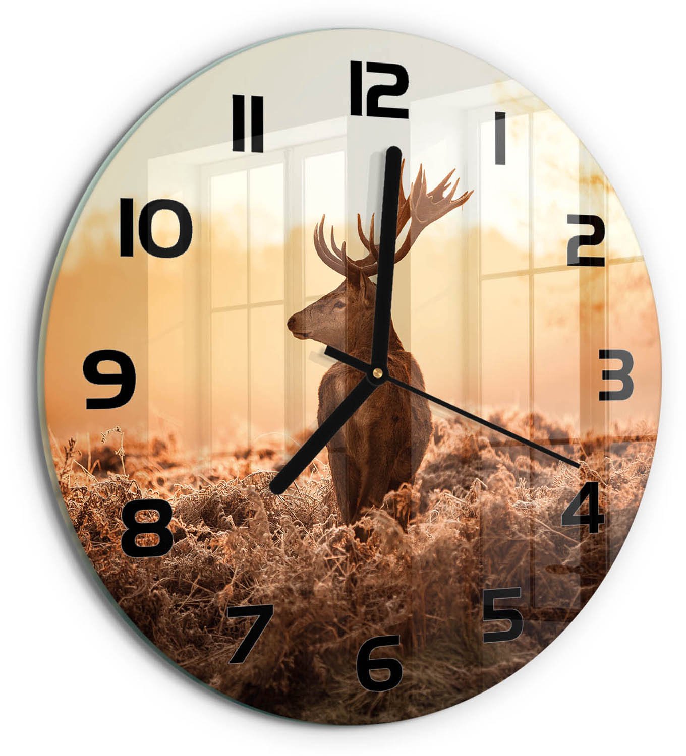 TULUP Wandklok - Zonsopgang boven de herten Wandklok Glas Met Motief - fi30 cm - Bruin Decoratieve Glazen Klok - Zwarte handen - Ronde Klok - Gekleurde Glazen Klok - Glazen Klok Met Print