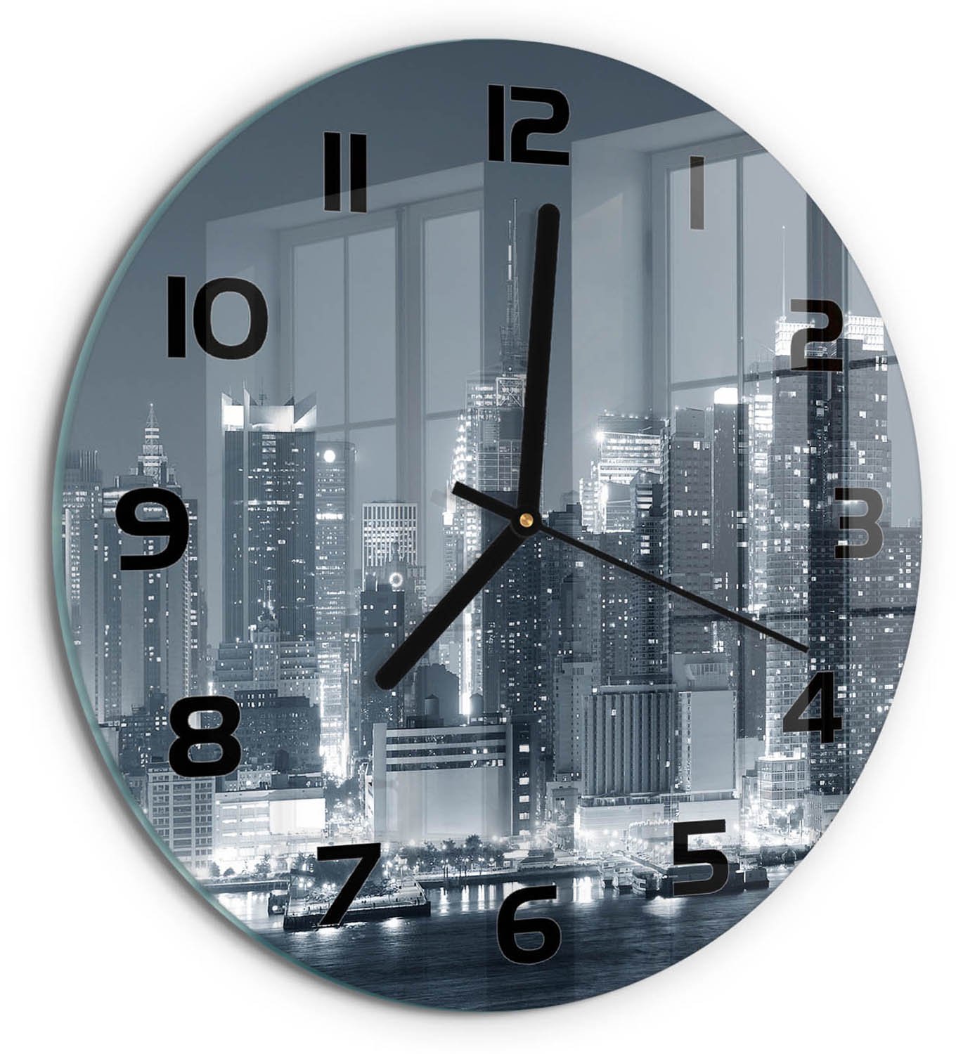 TULUP Wandklok - Manhattan, New York Wandklok Glas Decoratie - fi30 cm - Zwart-wit Gekleurde Glazen Klok - Zwarte handen - Ronde Klok - Klok Glas Met Opdruk - Moderne Wandklok Glas