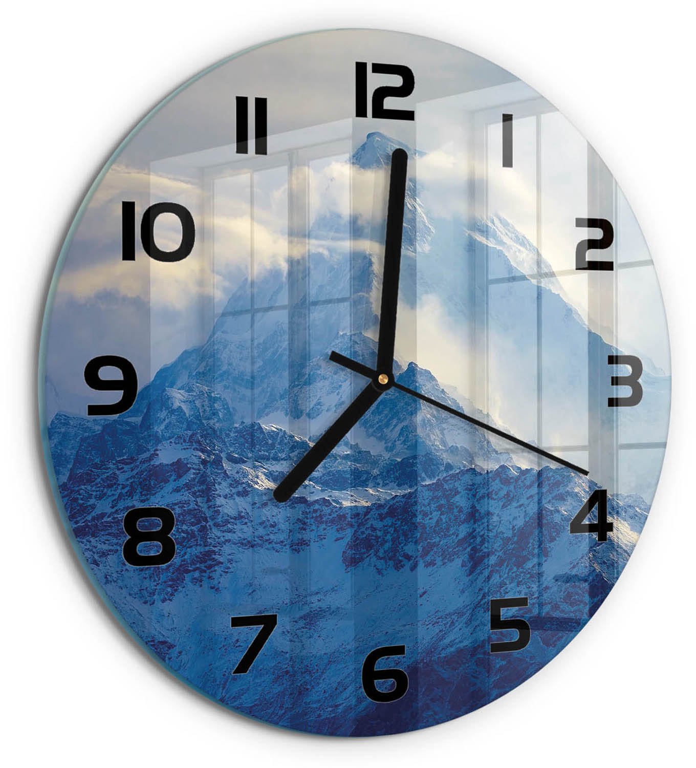TULUP Wandklok - bergtop Wandklok Glas Decoratie - fi30 cm - Blauw Gekleurde Glazen Klok - Zwarte handen - Ronde Klok - Klok Glas Met Opdruk - Moderne Wandklok Glas