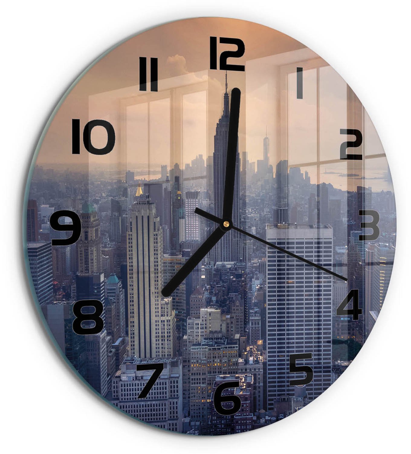 TULUP Wandklok - Manhattan, New York Klok Glas Met Opdruk - fi30 cm - Grijs Moderne Wandklok Glas - Zwarte handen - Ronde Klok - Decoratieve Glazen Klok - Glazen Wandklok Design