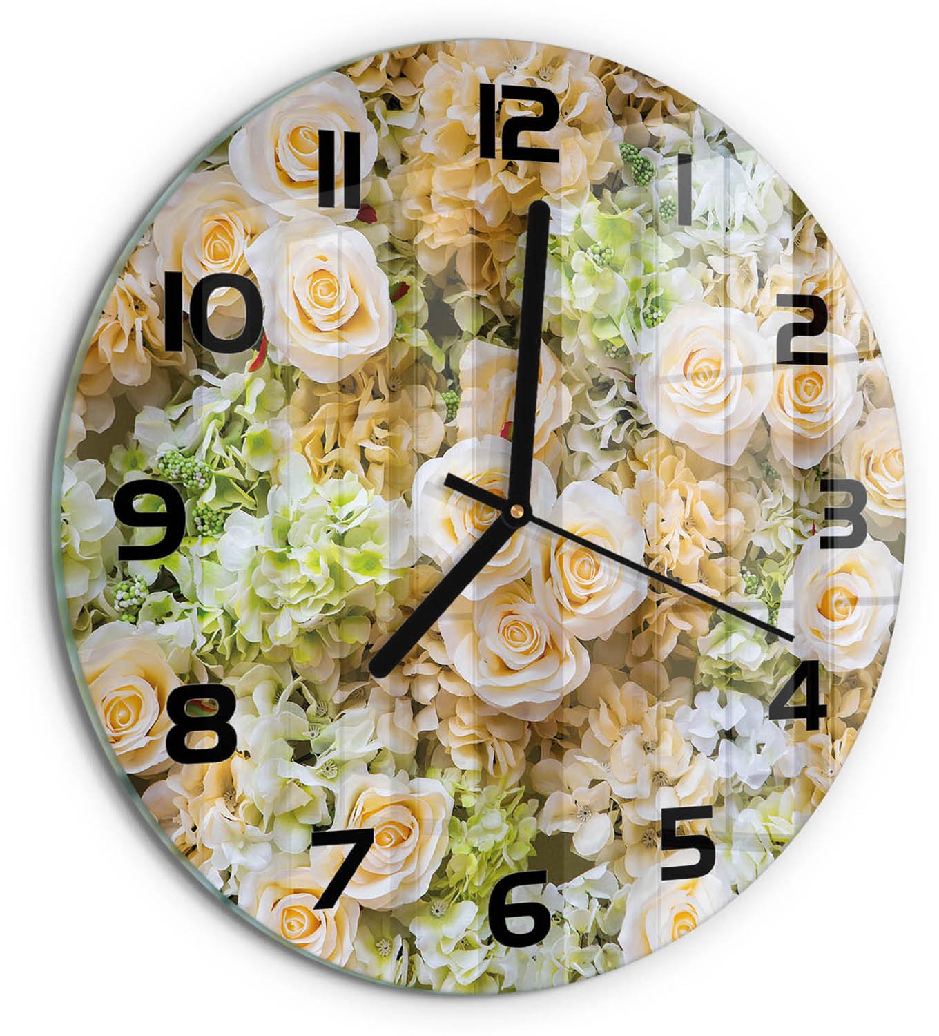 TULUP Wandklok - Rozen Klok Glas Met Opdruk - fi30 cm - Beige Moderne Wandklok Glas - Zwarte handen - Ronde Klok - Decoratieve Glazen Klok - Glazen Wandklok Design