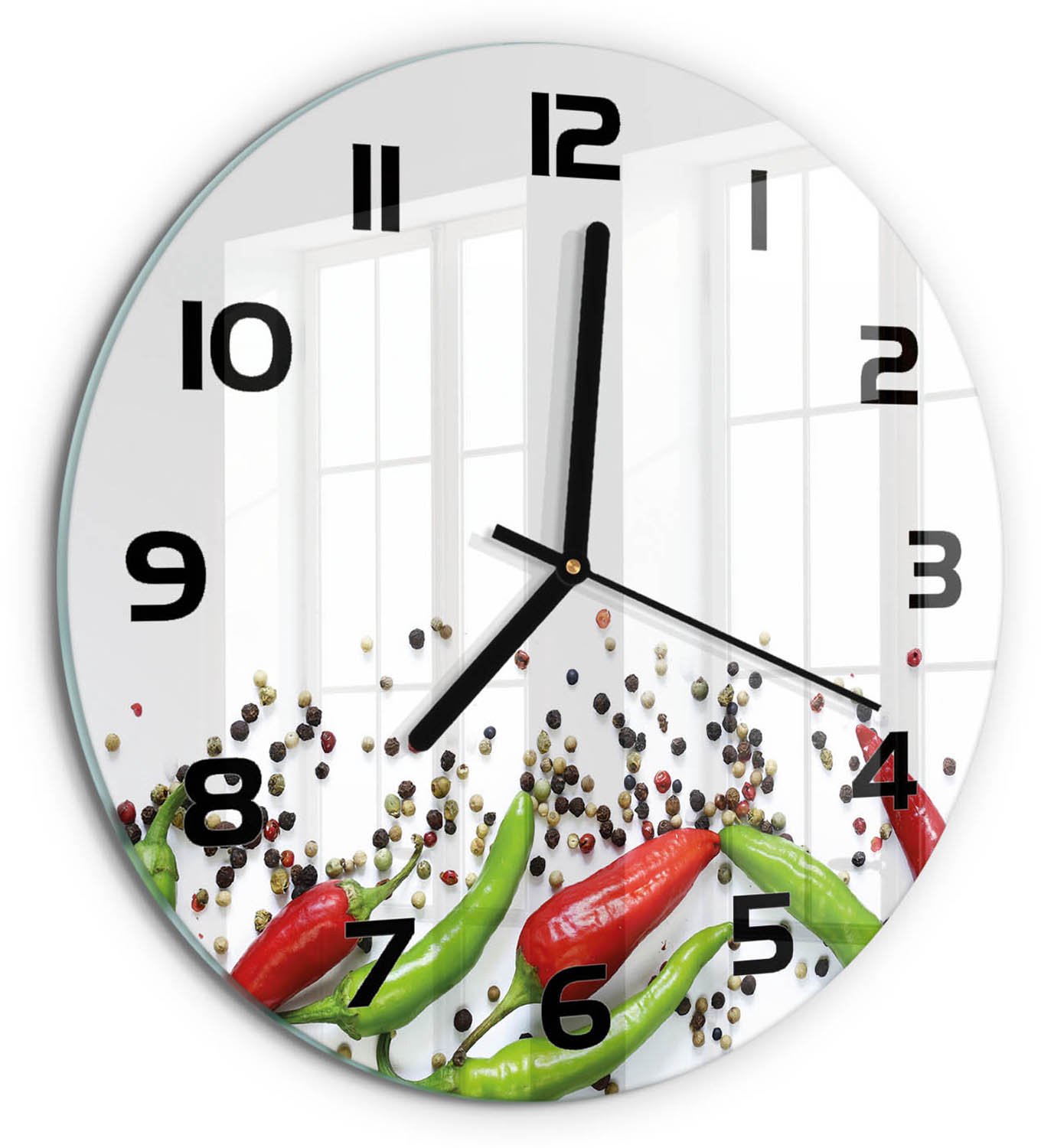 TULUP Wandklok - Chilipepers Wandklok Glas Met Motief - fi30 cm - Veelkleurig Decoratieve Glazen Klok - Zwarte handen - Ronde Klok - Gekleurde Glazen Klok - Glazen Klok Met Print