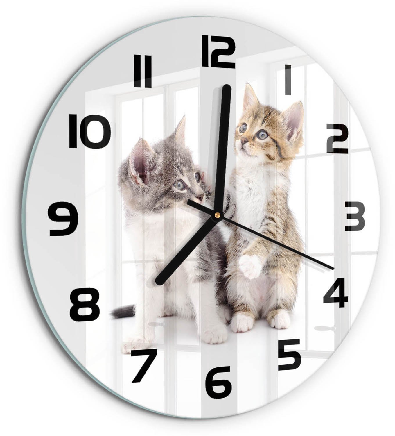 TULUP Wandklok - Twee kleine katjes Glazen Wandklok Design - fi30 cm - Beige Klok Glas Met Opdruk - Zwarte handen - Ronde Klok - Wandklok Glas Met Motief - Decoratieve Glazen Klok