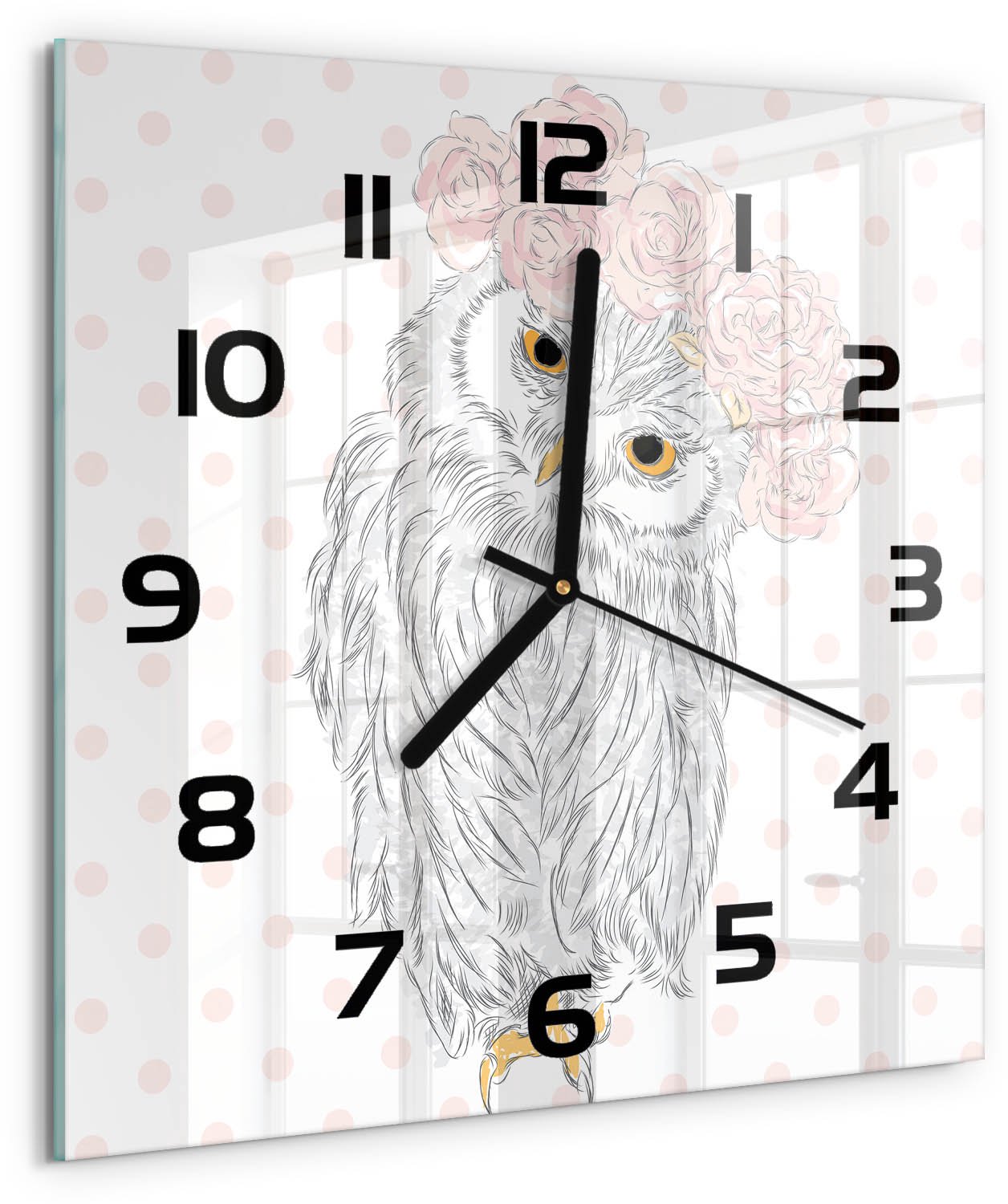 TULUP Wandklok - Uil in een krans Glazen Klok Met Print - 30x30 cm - Roze Wandklok Glas Met Motief - Zwarte handen - Vierkante Klok - Wandklok Glas Decoratie - Gekleurde Glazen Klok