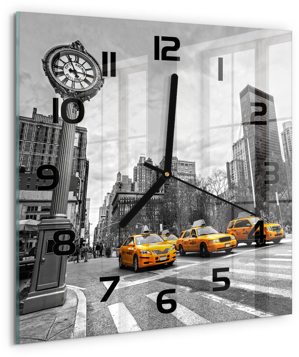 Tulup Wandklok - New Yorkse taxi's Glazen Wandklok Design - 30x30 cm - Geel Klok Glas Met Opdruk - Zwarte handen - Vierkante Klok - Wandklok Glas Met Motief - Decoratieve Glazen Klok