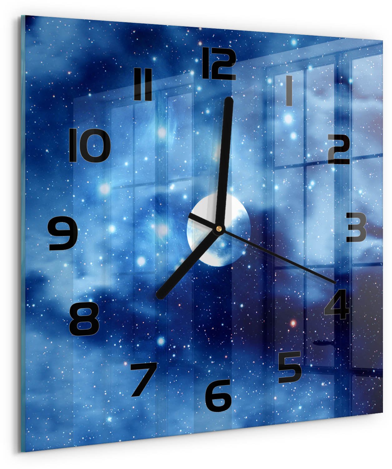 Tulup Wandklok - Volle maan Gekleurde Glazen Klok - 30x30 cm - Blauw Glazen Klok Met Print - Zwarte handen - Vierkante Klok - Moderne Wandklok Glas - Wandklok Glas Decoratie