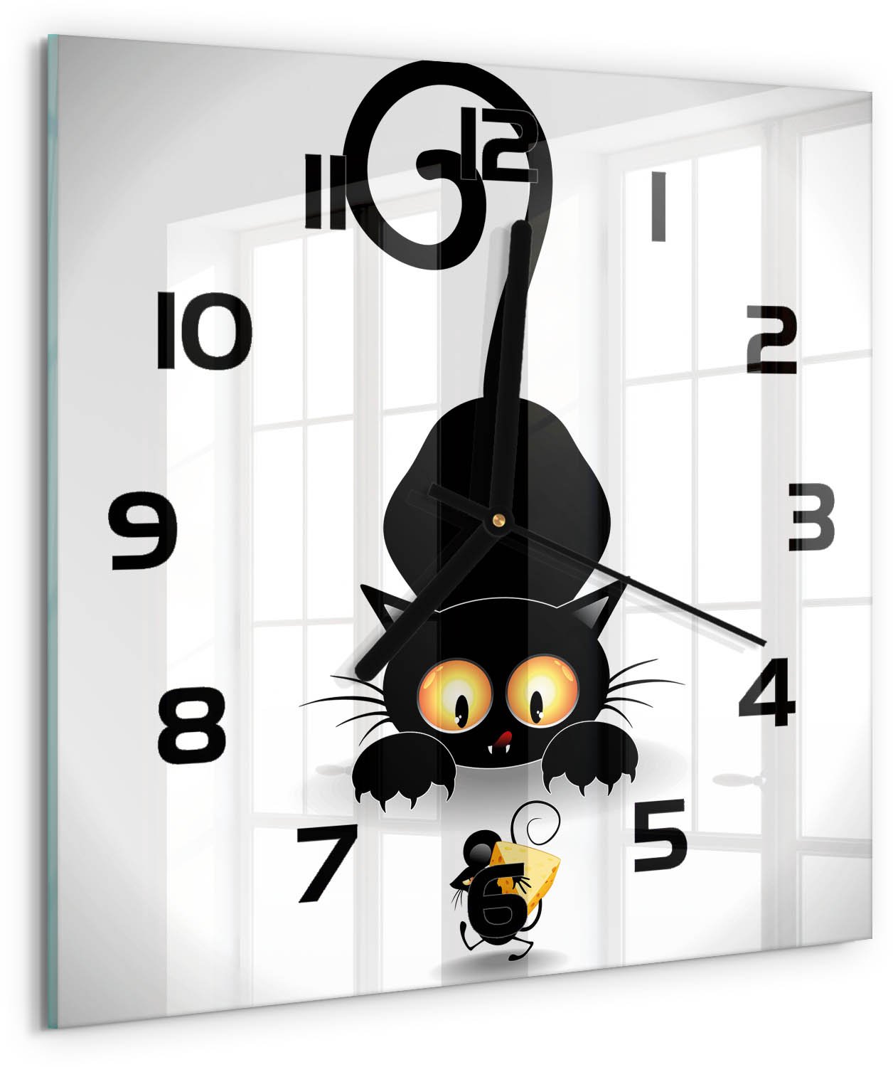 TULUP Wandklok - Kat en muis Gekleurde Glazen Klok - 30x30 cm - Zwart Glazen Klok Met Print - Zwarte handen - Vierkante Klok - Moderne Wandklok Glas - Wandklok Glas Decoratie