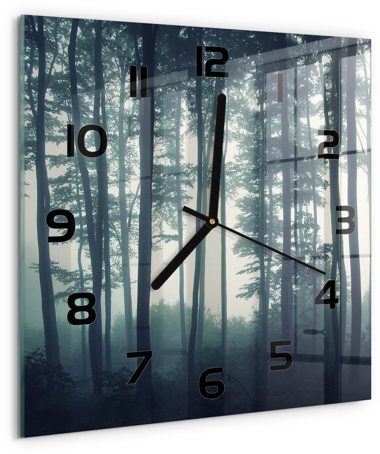 Tulup Wandklok - Mist in het bos Glazen Klok Met Print - 30x30 cm - Zwart Wandklok Glas Met Motief - Zwarte handen - Vierkante Klok - Wandklok Glas Decoratie - Gekleurde Glazen Klok