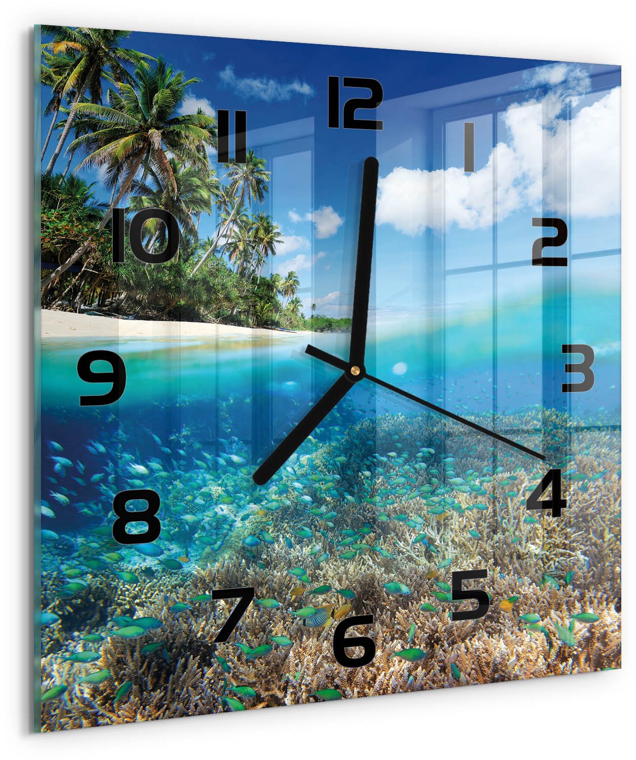 Tulup Wandklok - Koraalrif Moderne Wandklok Glas - 30x30 cm - Blauw Wandklok Glas Decoratie - Zwarte handen - Vierkante Klok - Glazen Wandklok Design - Klok Glas Met Opdruk