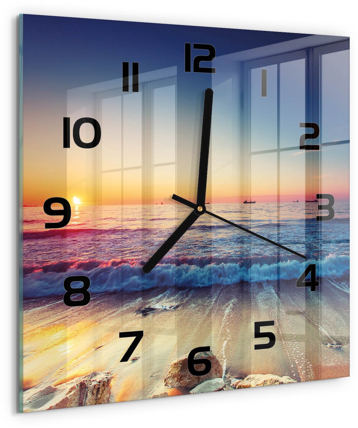Tulup Wandklok - Zonsopgang boven de zee Glazen Wandklok Design - 30x30 cm - Oranje Klok Glas Met Opdruk - Zwarte handen - Vierkante Klok - Wandklok Glas Met Motief - Decoratieve Glazen Klok